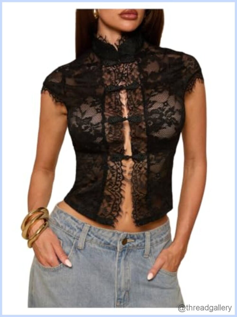 Sheer Lace Crop Top Button Down Cap Sleeve Going Out Club Tee